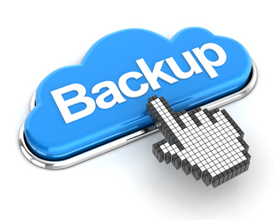 Hand cursor clicking a cloud shaped backup button, 3d render