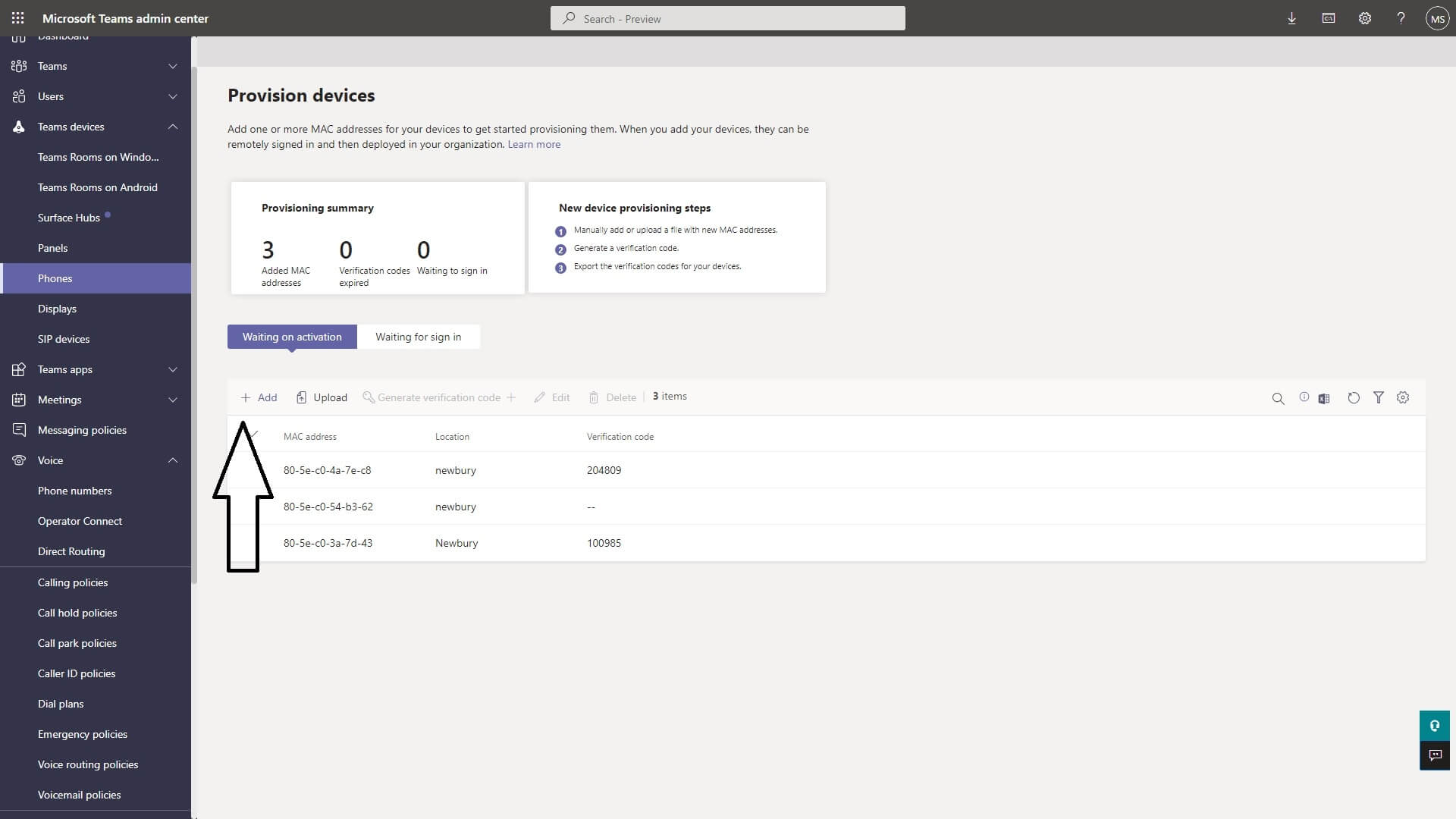 Provision devices Microsoft teams admin center screenshot.