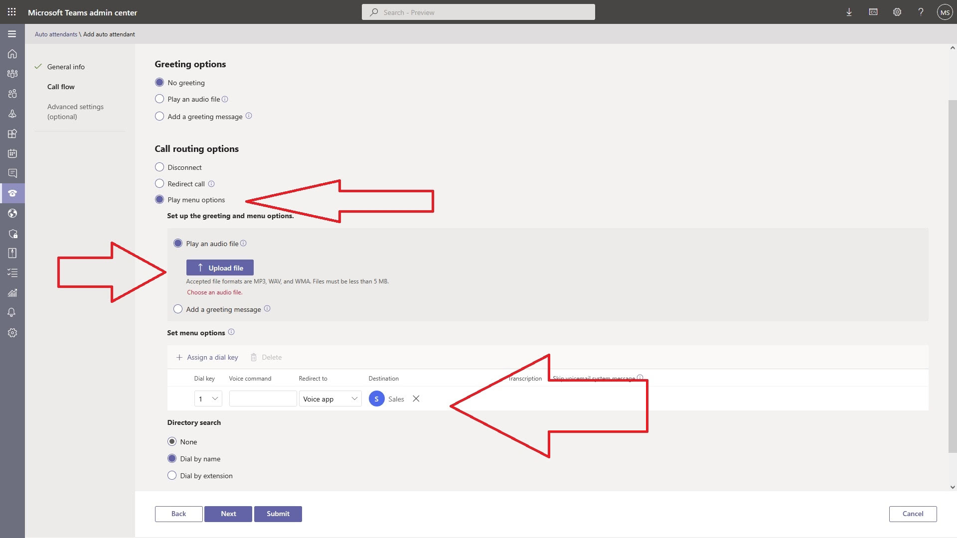 Teams auto attendant with wav file screenshot.